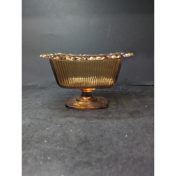 FTDA Amber Glass Candy Dish, Lace Ribbed‎ Pedestal Bowl, VTG Home Decor, Planter - Picture 1 of 11